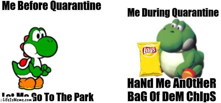 Why So True Tho |  Me Before Quarantine; Me During Quarantine; Let Me Go To The Park; HaNd Me AnOtHeR BaG Of DeM ChIpS | image tagged in yoshi vs big yoshi,quarantine,coronavirus,2020,so true memes,relatable | made w/ Lifeismeme meme maker