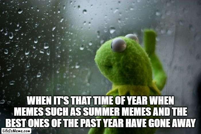 When it's that time of year when some memes have gone away |  WHEN IT'S THAT TIME OF YEAR WHEN MEMES SUCH AS SUMMER MEMES AND THE BEST ONES OF THE PAST YEAR HAVE GONE AWAY | image tagged in kermit window | made w/ Lifeismeme meme maker