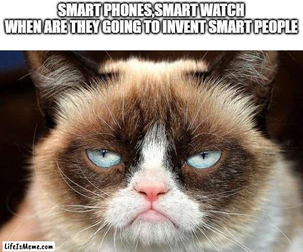 be smart to make good memes |  SMART PHONES,SMART WATCH
WHEN ARE THEY GOING TO INVENT SMART PEOPLE | image tagged in memes,grumpy cat not amused,grumpy cat,nerd,smart | made w/ Lifeismeme meme maker