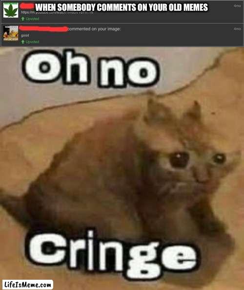 When somebody comments on your old memes |  WHEN SOMEBODY COMMENTS ON YOUR OLD MEMES | image tagged in oh no cringe,cringe,dies from cringe,old memes | made w/ Lifeismeme meme maker