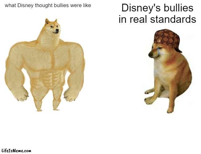 Disney's bullies am I right |  what Disney thought bullies were like; Disney's bullies in real standards | image tagged in memes,buff doge vs cheems | made w/ Lifeismeme meme maker