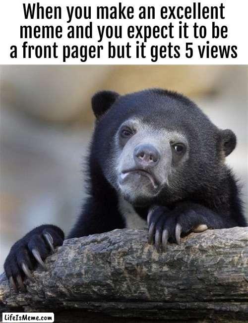 bruh |  When you make an excellent meme and you expect it to be a front pager but it gets 5 views | image tagged in memes,confession bear | made w/ Lifeismeme meme maker