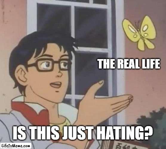 I hate about a life |  THE REAL LIFE; IS THIS JUST HATING? | image tagged in memes,is this a pigeon | made w/ Lifeismeme meme maker