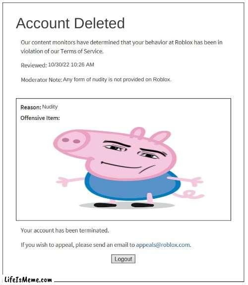 Roblox sucks d*ck |  Account Deleted; 10/30/22 10:26 AM; Any form of nudity is not provided on Roblox. Nudity | image tagged in moderation system,peppa pig,roblox,banned from roblox,stupid | made w/ Lifeismeme meme maker