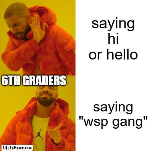 stop acting gangster |  saying hi or hello; 6TH GRADERS; saying "wsp gang" | image tagged in memes,drake hotline bling | made w/ Lifeismeme meme maker