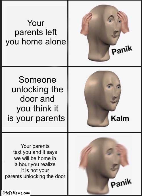 Your home alone |  Your parents left you home alone; Someone unlocking the door and you think it is your parents; Your parents text you and it says we will be home in a hour you realize it is not your parents unlocking the door | image tagged in memes,panik kalm panik | made w/ Lifeismeme meme maker