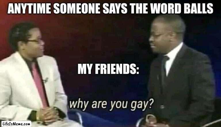 Why are you gay? |  ANYTIME SOMEONE SAYS THE WORD BALLS; MY FRIENDS: | image tagged in why are you gay | made w/ Lifeismeme meme maker