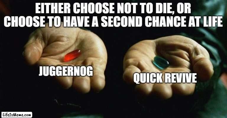 CoD meme #76 |  EITHER CHOOSE NOT TO DIE, OR CHOOSE TO HAVE A SECOND CHANCE AT LIFE; JUGGERNOG; QUICK REVIVE | image tagged in red pill blue pill,memes,matrix morpheus,cod,zombies,deep thoughts | made w/ Lifeismeme meme maker