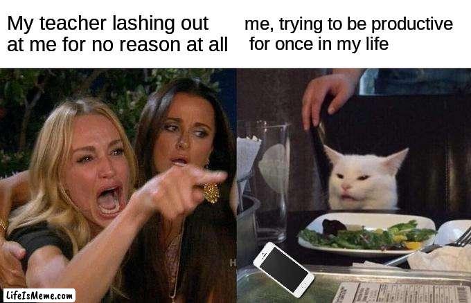 Woman Yelling At Cat Meme |  My teacher lashing out at me for no reason at all; me, trying to be productive
 for once in my life | image tagged in memes,funny | made w/ Lifeismeme meme maker