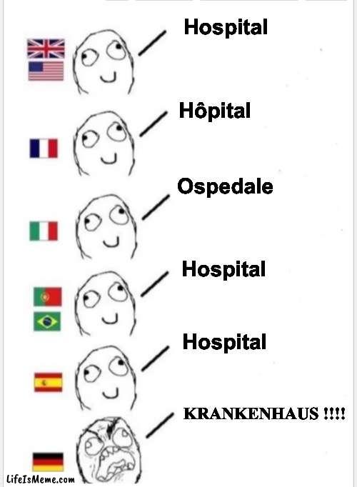 The German Language can sometimes be somewhat ~different~ |  Hospital; Hôpital; Ospedale; Hospital; Hospital; KRANKENHAUS !!!! | image tagged in fun,german,language | made w/ Lifeismeme meme maker