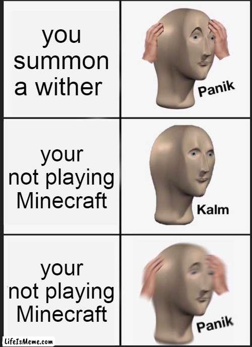 umm |  you summon a wither; your not playing Minecraft; your not playing Minecraft | image tagged in memes,panik kalm panik | made w/ Lifeismeme meme maker