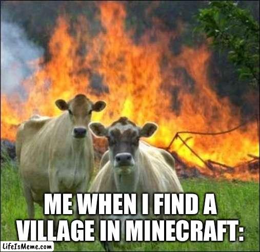 Evil Cows Meme |  ME WHEN I FIND A VILLAGE IN MINECRAFT: | image tagged in memes,evil cows | made w/ Lifeismeme meme maker