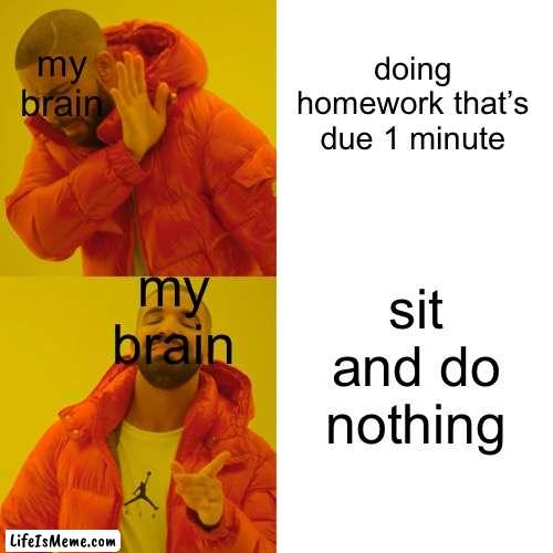 brain you failed me |  my brain; doing homework that’s due 1 minute; my brain; sit and do nothing | image tagged in memes,drake hotline bling,brain | made w/ Lifeismeme meme maker