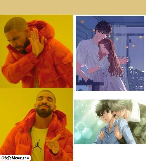 why it be like dis? | image tagged in memes,drake hotline bling,yaoi,super lovers | made w/ Lifeismeme meme maker