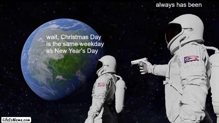 Weekday magic! |  always has been; wait, Christmas Day
is the same weekday
as New Year's Day | image tagged in memes,always has been,christmas,new years | made w/ Lifeismeme meme maker