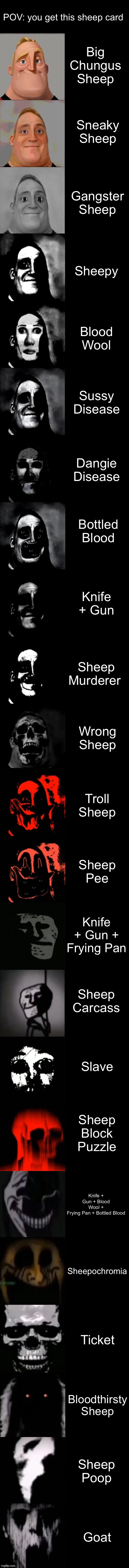 POV: you get this sheep card |  POV: you get this sheep card; Big Chungus Sheep; Sneaky Sheep; Gangster Sheep; Sheepy; Blood Wool; Sussy Disease; Dangie Disease; Bottled Blood; Knife + Gun; Sheep Murderer; Wrong Sheep; Troll Sheep; Sheep Pee; Knife + Gun + Frying Pan; Sheep Carcass; Slave; Sheep Block Puzzle; Knife + Gun + Blood Wool + Frying Pan + Bottled Blood; Sheepochromia; Ticket; Bloodthirsty Sheep; Sheep Poop; Goat | image tagged in mr incredible becoming uncanny extended hd | made w/ Lifeismeme meme maker