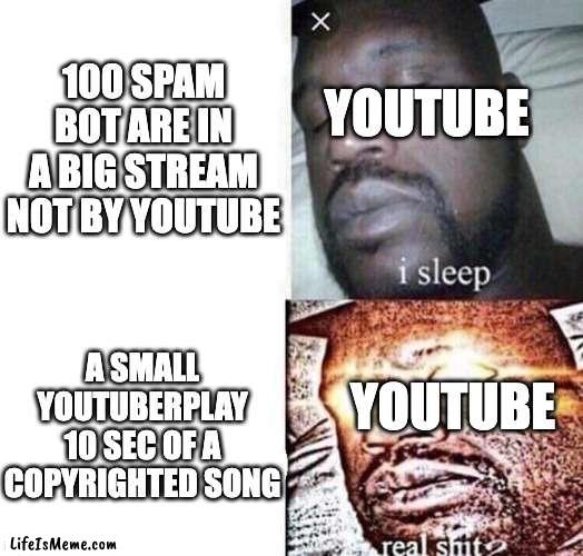 idk what to put here |  100 SPAM BOT ARE IN A BIG STREAM NOT BY YOUTUBE; YOUTUBE; A SMALL YOUTUBERPLAY 10 SEC OF A COPYRIGHTED SONG; YOUTUBE | image tagged in i sleep real shit | made w/ Lifeismeme meme maker