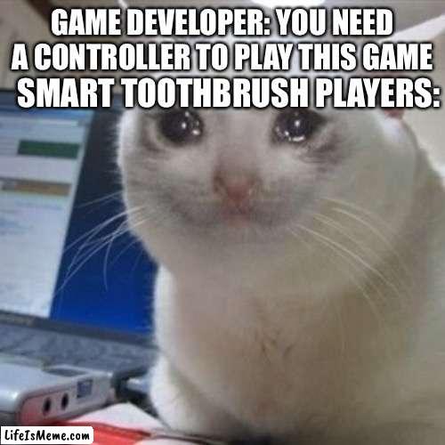 Crying cat |  SMART TOOTHBRUSH PLAYERS:; GAME DEVELOPER: YOU NEED A CONTROLLER TO PLAY THIS GAME | image tagged in crying cat | made w/ Lifeismeme meme maker