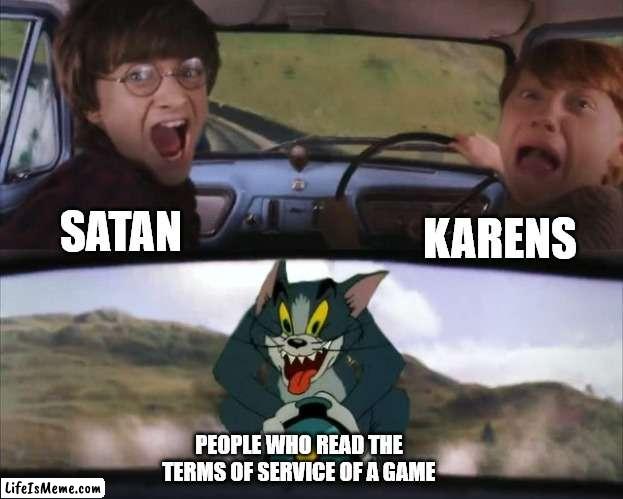 mhm |  SATAN; KARENS; PEOPLE WHO READ THE TERMS OF SERVICE OF A GAME | image tagged in tom chasing harry and ron weasly | made w/ Lifeismeme meme maker