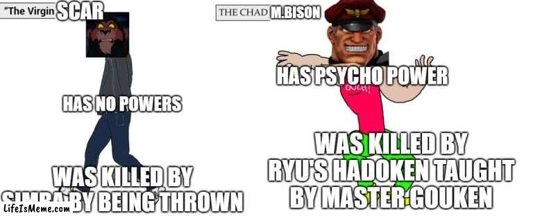 The Virgin Scar Vs The Chad M.Bison |  SCAR; M.BISON; HAS PSYCHO POWER; HAS NO POWERS; WAS KILLED BY RYU'S HADOKEN TAUGHT BY MASTER GOUKEN; WAS KILLED BY SIMBA BY BEING THROWN | image tagged in virgin and chad | made w/ Lifeismeme meme maker