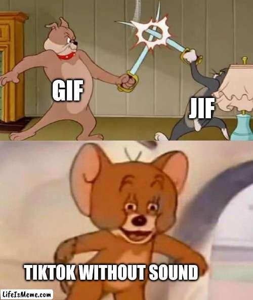 Tiktoks are short enough to be GIFs. |  GIF; JIF; TIKTOK WITHOUT SOUND | image tagged in tom and jerry swordfight | made w/ Lifeismeme meme maker