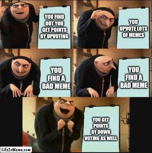 FREE POINTS |  YOU FIND OUT YOU GET POINTS BY UPVOTING; YOU UPVOTE LOTS OF MEMES; YOU FIND A BAD MEME; YOU FIND A BAD MEME; YOU GET POINTS BY DOWN VOTING AS WELL | image tagged in 5 panel gru meme | made w/ Lifeismeme meme maker