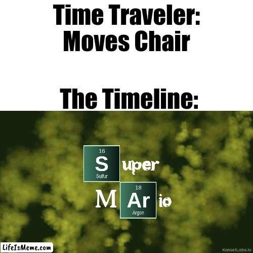 Time traval |  Time Traveler: Moves Chair; The Timeline: | image tagged in time travel,time traveler,super mario,breaking bad | made w/ Lifeismeme meme maker