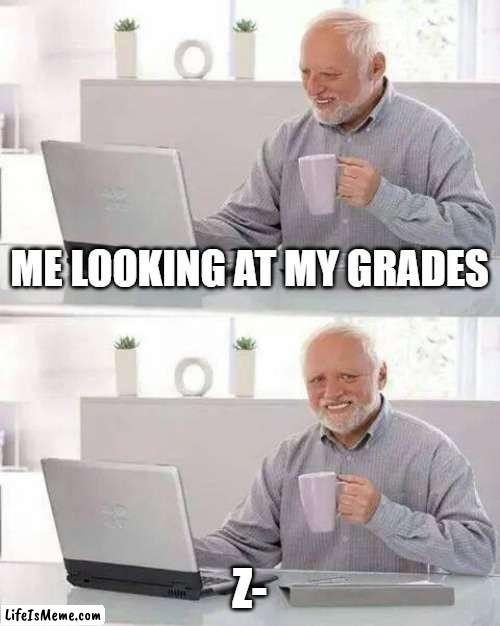 grades ur mum wont like |  ME LOOKING AT MY GRADES; Z- | image tagged in memes,hide the pain harold | made w/ Lifeismeme meme maker