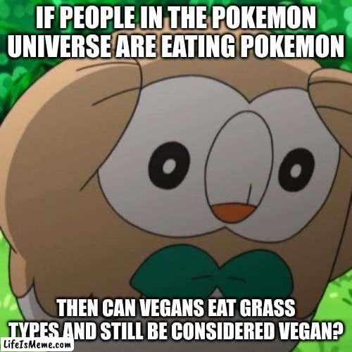 This is a real question |  IF PEOPLE IN THE POKEMON UNIVERSE ARE EATING POKEMON; THEN CAN VEGANS EAT GRASS TYPES AND STILL BE CONSIDERED VEGAN? | image tagged in rowlet meme template,question | made w/ Lifeismeme meme maker