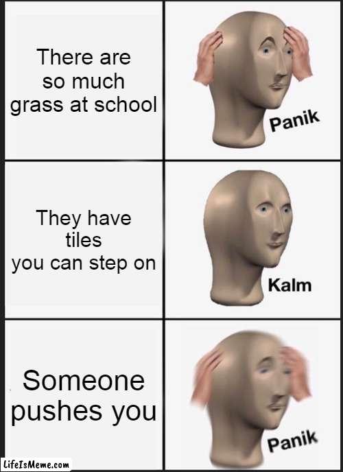 oh well we all know what's gonna happen next |  There are so much grass at school; They have tiles you can step on; Someone pushes you | image tagged in memes,panik kalm panik | made w/ Lifeismeme meme maker