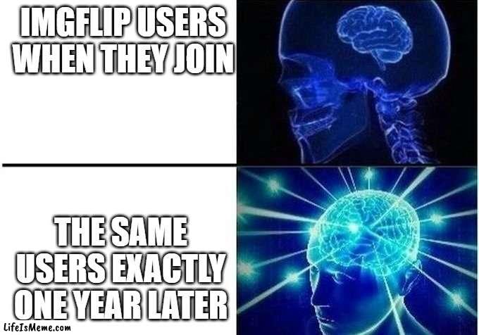 happened to me |  IMGFLIP USERS WHEN THEY JOIN; THE SAME USERS EXACTLY ONE YEAR LATER | image tagged in expanding brain 2,expanding brain,new users | made w/ Lifeismeme meme maker