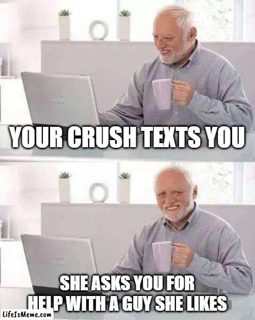 My life be like |  YOUR CRUSH TEXTS YOU; SHE ASKS YOU FOR HELP WITH A GUY SHE LIKES | image tagged in memes,hide the pain harold,sad but true,internal screaming,funny | made w/ Lifeismeme meme maker
