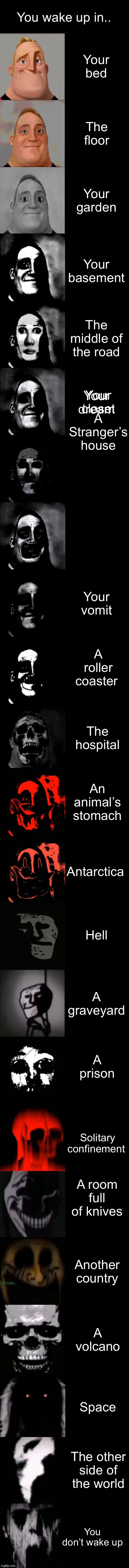 POV: you wake up in |  You wake up in.. Your bed; The floor; Your garden; Your basement; The middle of the road; Your dream; Your closet; A Stranger’s house; Your vomit; A roller coaster; The hospital; An animal’s stomach; Antarctica; Hell; A graveyard; A prison; Solitary confinement; A room full of knives; Another country; A volcano; Space; The other side of the world; You don’t wake up | image tagged in mr incredible becoming uncanny extended hd | made w/ Lifeismeme meme maker