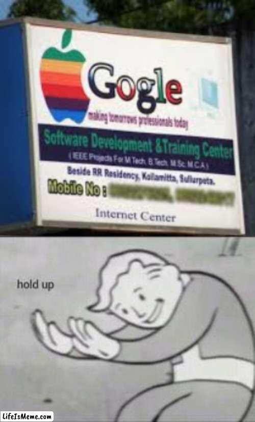 Aple-gogle | image tagged in fallout hold up | made w/ Lifeismeme meme maker