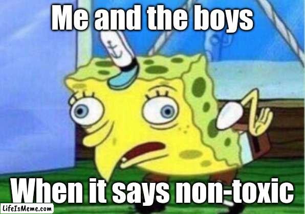 Kindergarten |  Me and the boys; When it says non-toxic | image tagged in memes,mocking spongebob | made w/ Lifeismeme meme maker