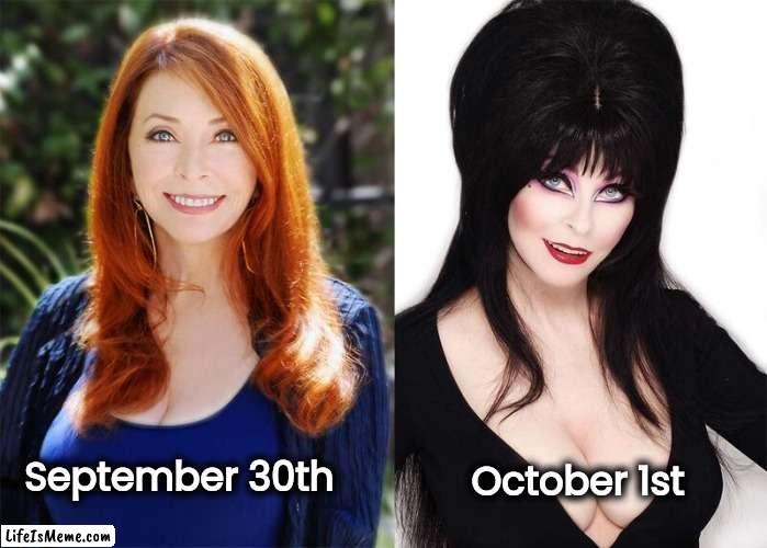 Elvira in Rocktober |  October 1st; September 30th | image tagged in mistress,dark,dark humor,elvira,scary movies,funny because it's true | made w/ Lifeismeme meme maker