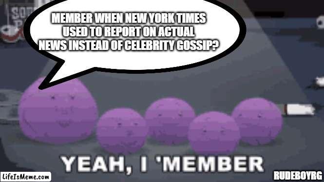 New York Times Member Berries |  MEMBER WHEN NEW YORK TIMES USED TO REPORT ON ACTUAL NEWS INSTEAD OF CELEBRITY GOSSIP? RUDEBOYRG | image tagged in member berries,new york times,celebrity,gossip | made w/ Lifeismeme meme maker