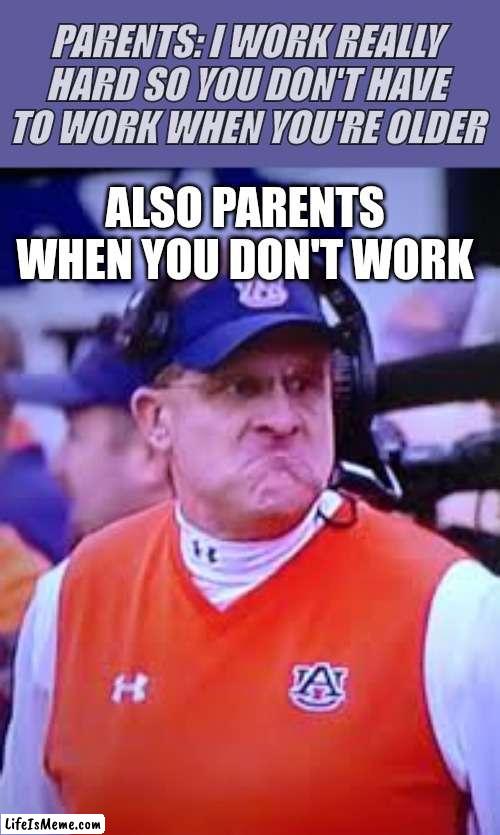 Work |  PARENTS: I WORK REALLY HARD SO YOU DON'T HAVE TO WORK WHEN YOU'RE OLDER; ALSO PARENTS WHEN YOU DON'T WORK | image tagged in gus malzaln mad face,funny,work,parents | made w/ Lifeismeme meme maker