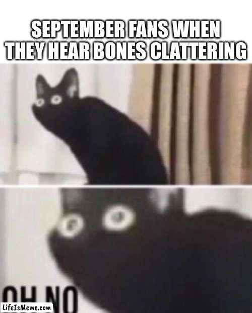 The spooky month is here |  SEPTEMBER FANS WHEN THEY HEAR BONES CLATTERING | image tagged in oh no cat,spooky month | made w/ Lifeismeme meme maker