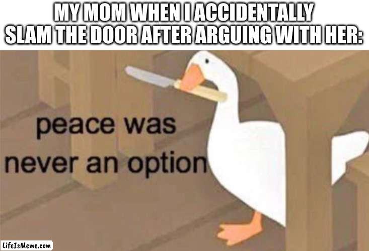 Untitled Goose Peace Was Never an Option |  MY MOM WHEN I ACCIDENTALLY SLAM THE DOOR AFTER ARGUING WITH HER: | image tagged in untitled goose peace was never an option,oh no,uh oh,mom,angery | made w/ Lifeismeme meme maker