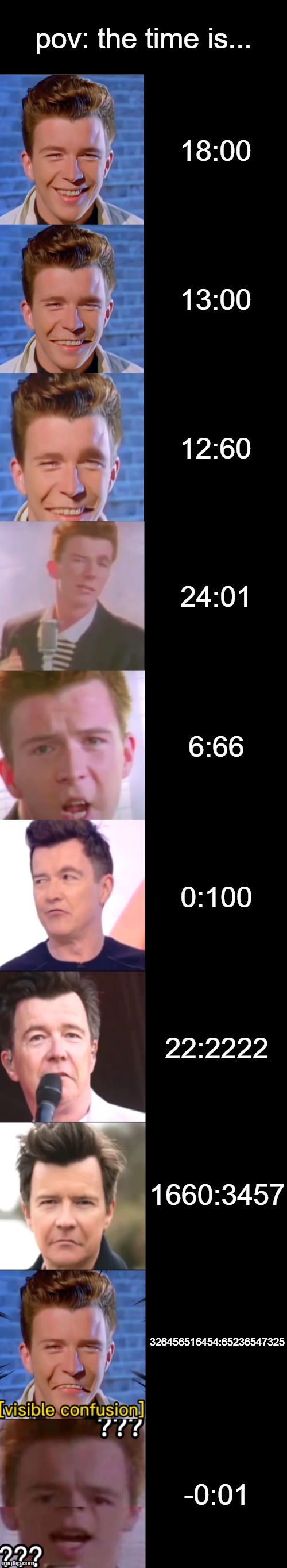 Rick Astley Becoming Confused |  pov: the time is... 18:00; 13:00; 12:60; 24:01; 6:66; 0:100; 22:2222; 1660:3457; 326456516454:65236547325; -0:01 | image tagged in rick astley becoming confused | made w/ Lifeismeme meme maker