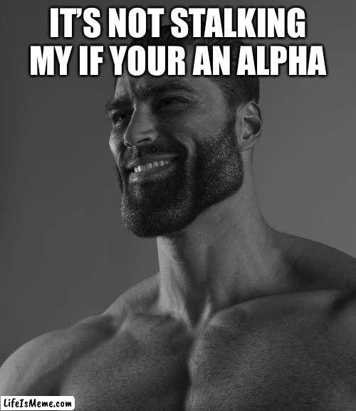 A woman with blue hair will he offended by this |  IT’S NOT STALKING MY IF YOUR AN ALPHA | image tagged in giga chad | made w/ Lifeismeme meme maker