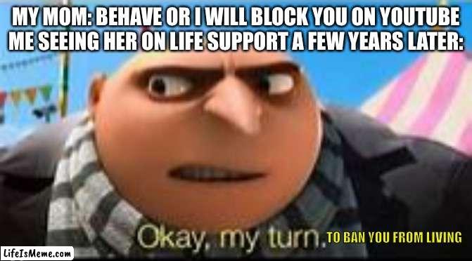 >:) revenge |  MY MOM: BEHAVE OR I WILL BLOCK YOU ON YOUTUBE
ME SEEING HER ON LIFE SUPPORT A FEW YEARS LATER:; TO BAN YOU FROM LIVING | image tagged in gru ok my turn,dark humor | made w/ Lifeismeme meme maker