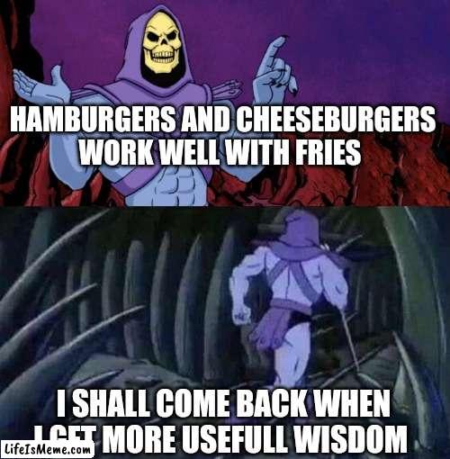 Big wisdom |  HAMBURGERS AND CHEESEBURGERS WORK WELL WITH FRIES; I SHALL COME BACK WHEN I GET MORE USEFULL WISDOM | image tagged in he man skeleton advices | made w/ Lifeismeme meme maker