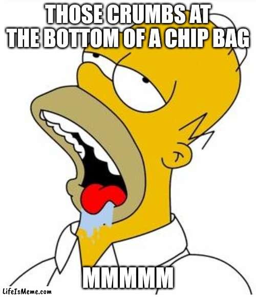 YUM |  THOSE CRUMBS AT THE BOTTOM OF A CHIP BAG; MMMMM | image tagged in mmmmm | made w/ Lifeismeme meme maker