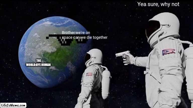 Is a goodbye bros |  Yea sure, why not; Brother we're on space can we die together; THE WORLD:BYE HUMAN | image tagged in memes | made w/ Lifeismeme meme maker