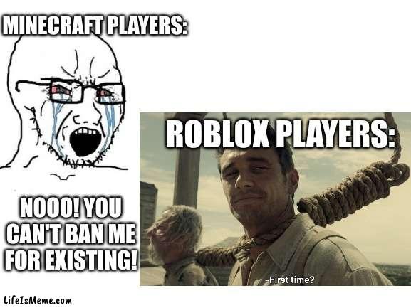 pov new update: |  MINECRAFT PLAYERS:; ROBLOX PLAYERS:; NOOO! YOU CAN'T BAN ME FOR EXISTING! | image tagged in relatable,why are you reading this,deez nuts,imagine dragons,minecraft,roblox | made w/ Lifeismeme meme maker