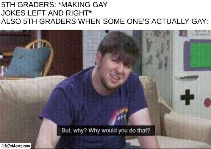 stupid 5th graders |  5TH GRADERS: *MAKING GAY JOKES LEFT AND RIGHT*
ALSO 5TH GRADERS WHEN SOME ONE'S ACTUALLY GAY: | image tagged in but why why would you do that,funni,school | made w/ Lifeismeme meme maker