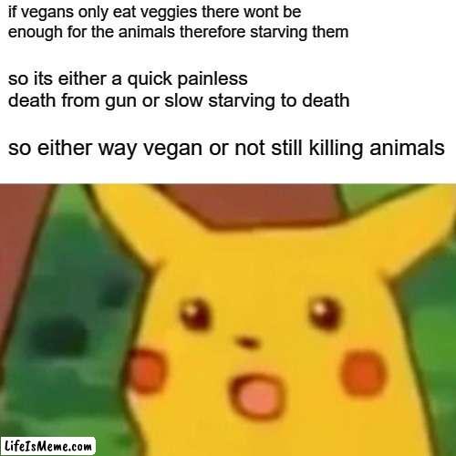 eat meats or eat beats |  if vegans only eat veggies there wont be enough for the animals therefore starving them; so its either a quick painless death from gun or slow starving to death; so either way vegan or not still killing animals | image tagged in surprised pikachu,change my mind | made w/ Lifeismeme meme maker