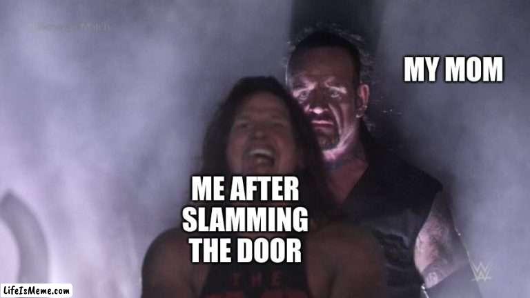 AJ Styles & Undertaker |  MY MOM; ME AFTER SLAMMING THE DOOR | image tagged in aj styles undertaker | made w/ Lifeismeme meme maker